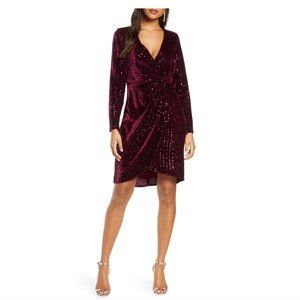 JULIA JORDAN Velvet Sequin Long Sleeve Faux Wrap Dress